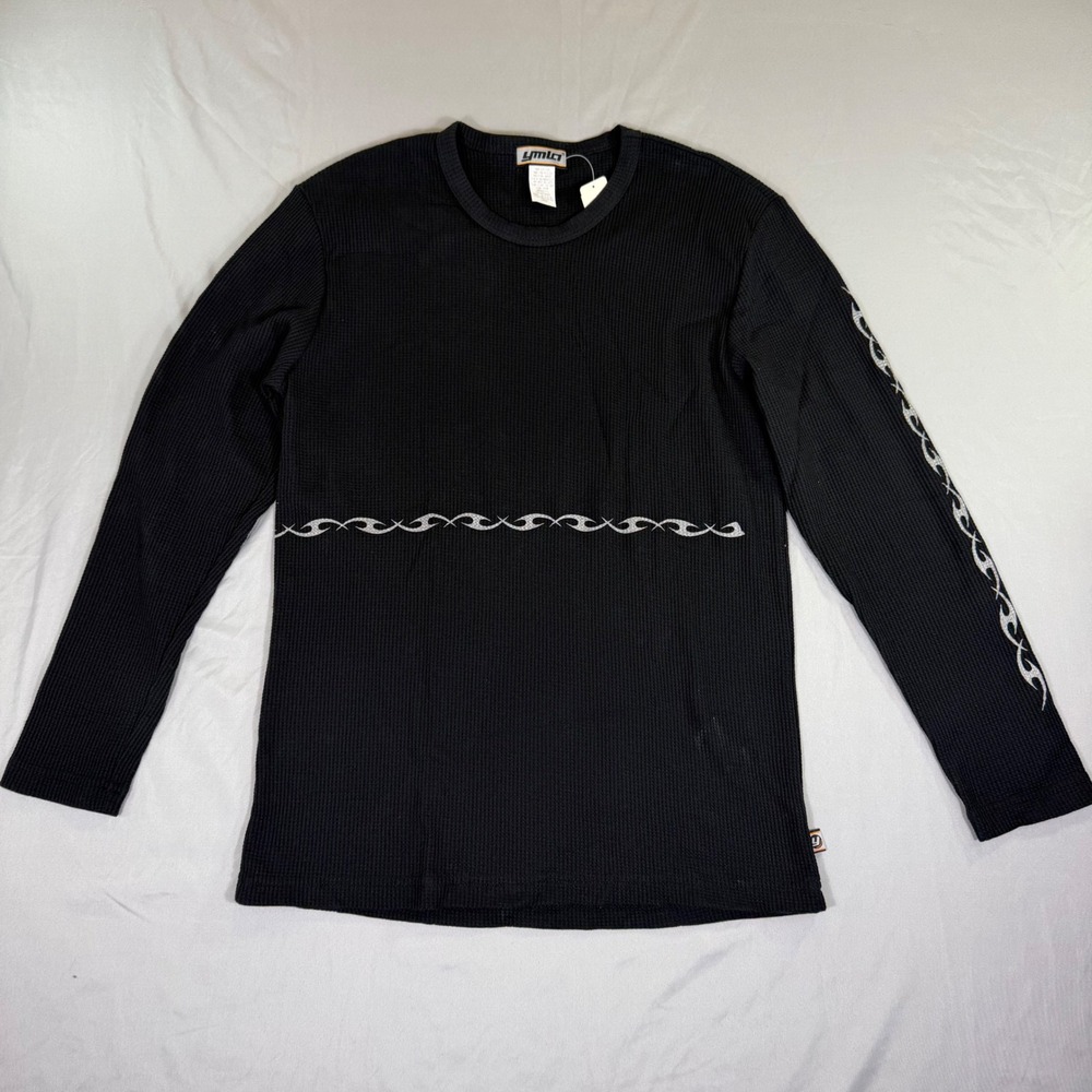 Vintage YMLA Mens Black Waffle Knit Thermal Tribal Graphic Rave Skater Shirt L